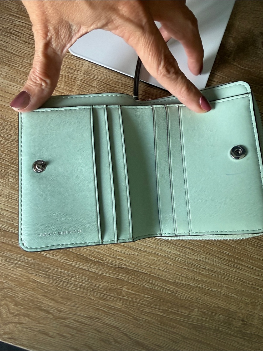 Tory Burch Pale Mint Leather Mini Wallet - Picture 2 of 6